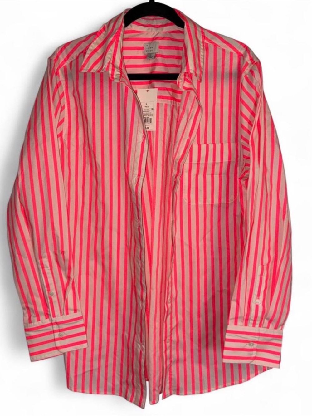 Neon Pink Stripe Button Down Oversized Top large NWT